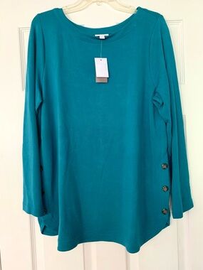 J.Jill Soft Tunic Top Long Sleeve Button Hem in Teal Green Size L